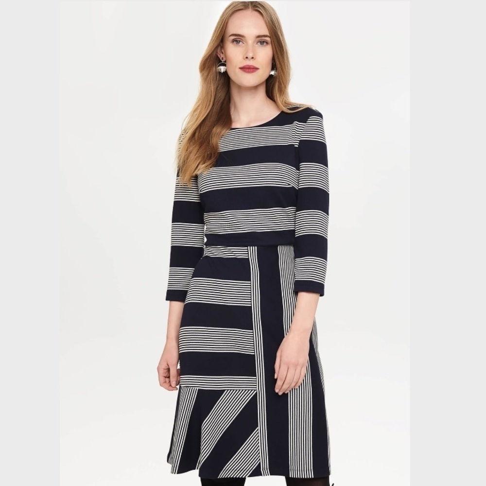 Phase Eight Storm Stripe Dress 3/4 Sleeves Crew Neck In Navy/Ivory Size UK8/ US4